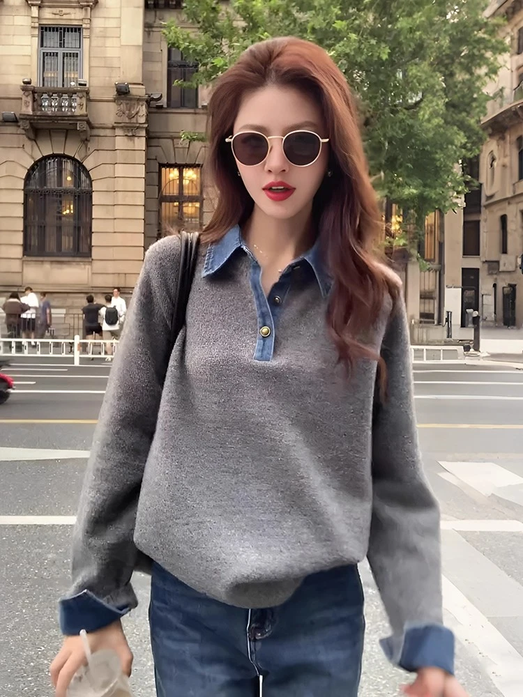 撞色牛仔翻领拼接针织毛衣女2025新款秋冬洋气设计感宽松显瘦上衣
