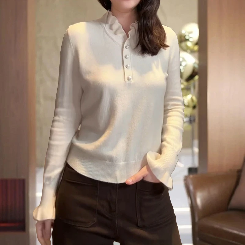 法式优雅拼接褶皱木耳边针织衫女秋季新款气质显瘦百搭领扣上衣