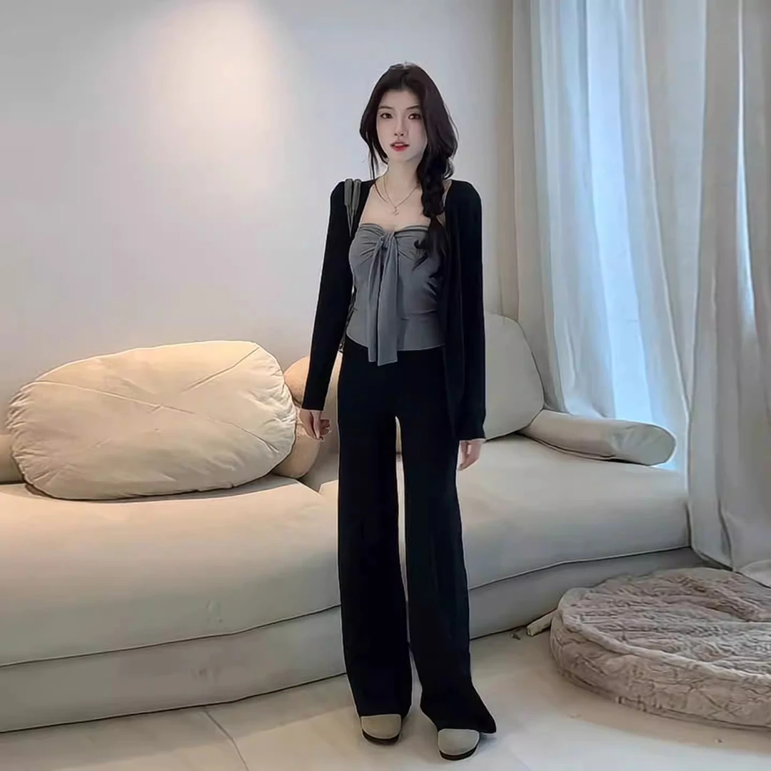 纯欲风少女风时尚套装针织网红薄款显瘦长袖抹胸阔腿裤三件套