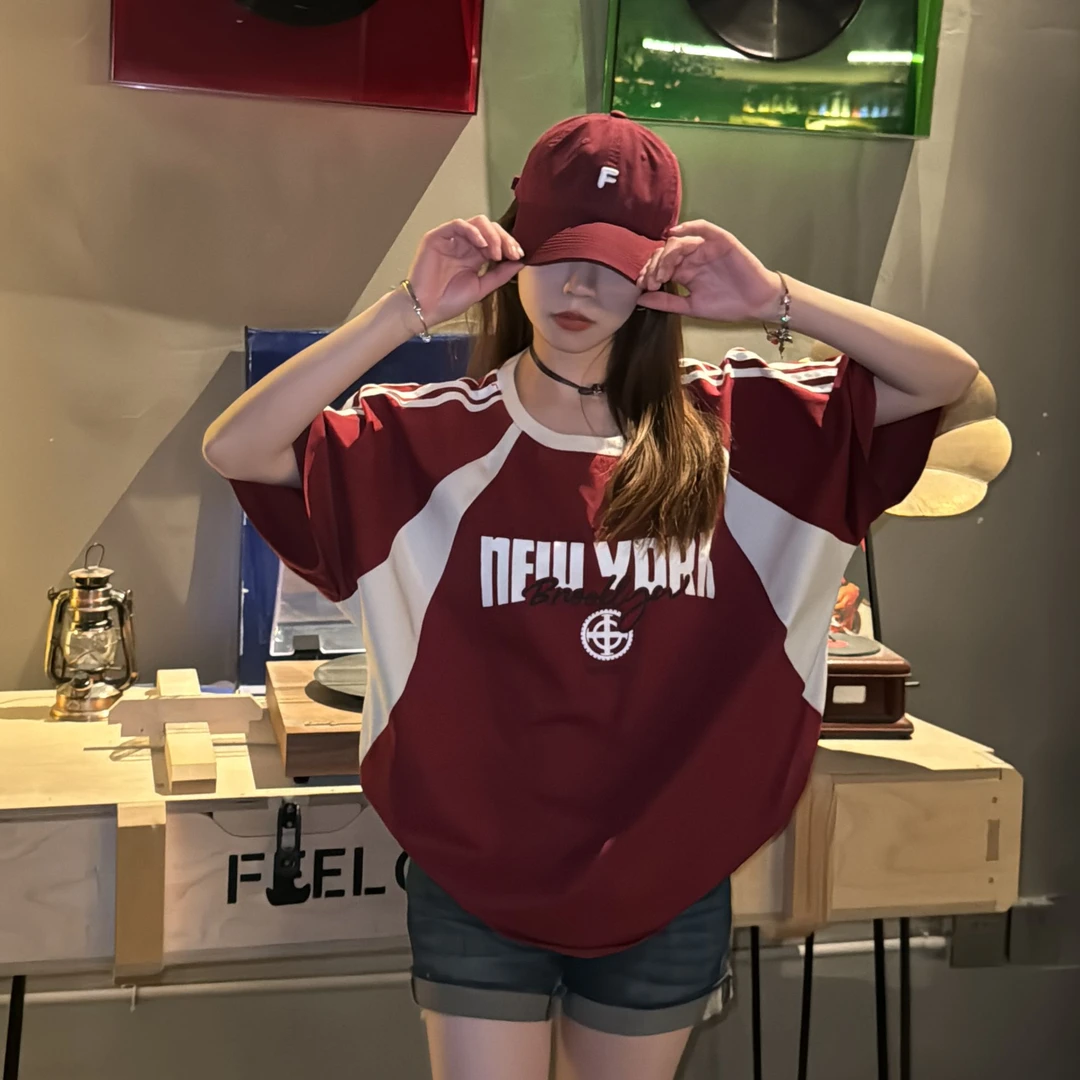 夏季新款美式潮牌三条杠插肩短袖夏季T恤宽松百搭上衣