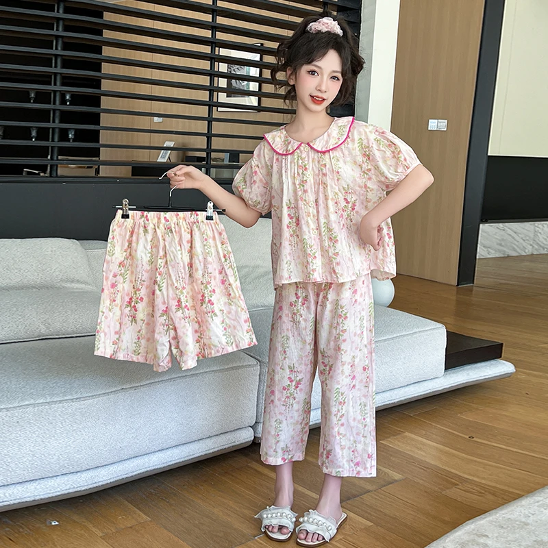 儿童甜美繁花碎花短袖短裤长裤睡衣三件套女童棉布家居服亲子套装