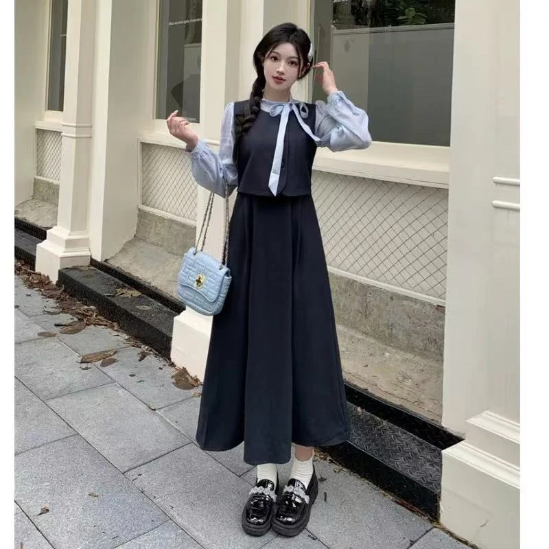大码胖mm高级感法式连衣裙女春秋新款假两件长袖蝴蝶结高腰长裙