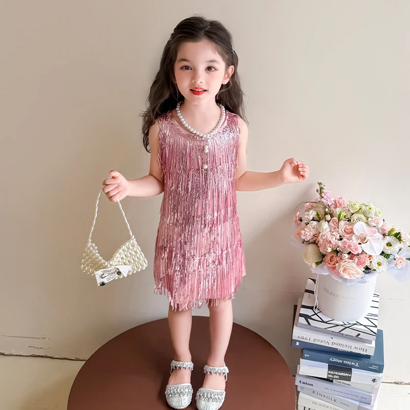 女童流苏亮片连衣裙2025新款儿童夏季公主裙生日礼服裙六一表演裙