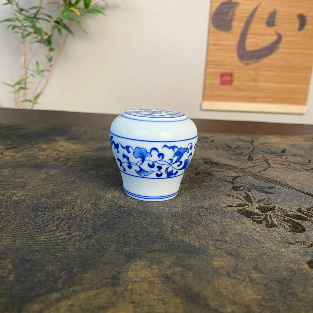 【四悦茶陶】仿古泥青花缠枝莲盖置   景德镇手工手绘陶瓷