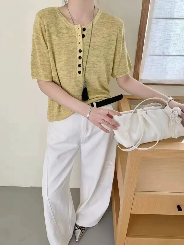 2025韩系简约圆领单排扣花纱短袖毛衣欧货宽松针织衫套头T恤1117