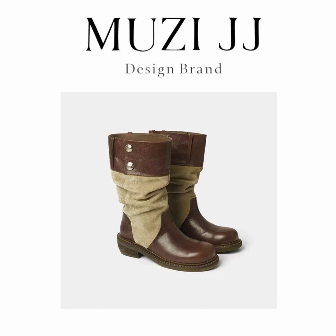 MUZI-001A-5#西部复古时装靴拼接纽扣堆堆长筒靴