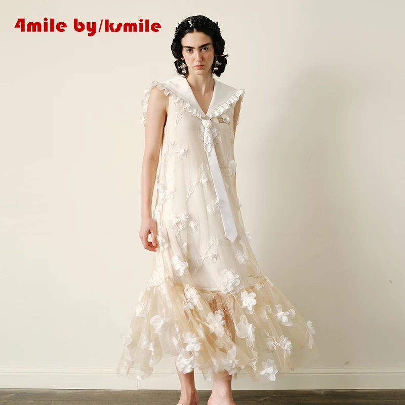 4MILE BY KSMILE | 仲夏花语夏季仙女立体花朵海军领欧若风连衣裙
