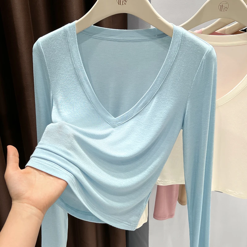 蓝色低领性感修身针织T恤秋季新款V领纯欲皮肤衣长袖上衣薄款打底