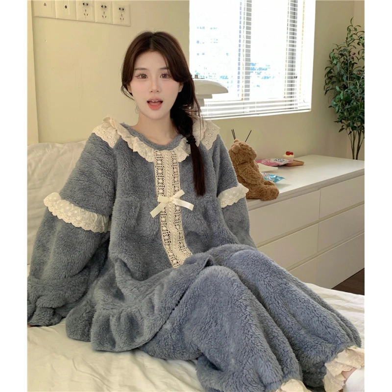 蕾丝花边甜美2025家居服套装冬季保暖宽松外穿加厚韩版毛茸茸睡衣