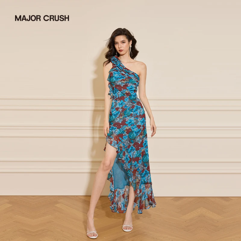 MAJOR CRUSH早秋新款碎花显瘦气质雨落蓝鸢单肩印花连衣裙6947