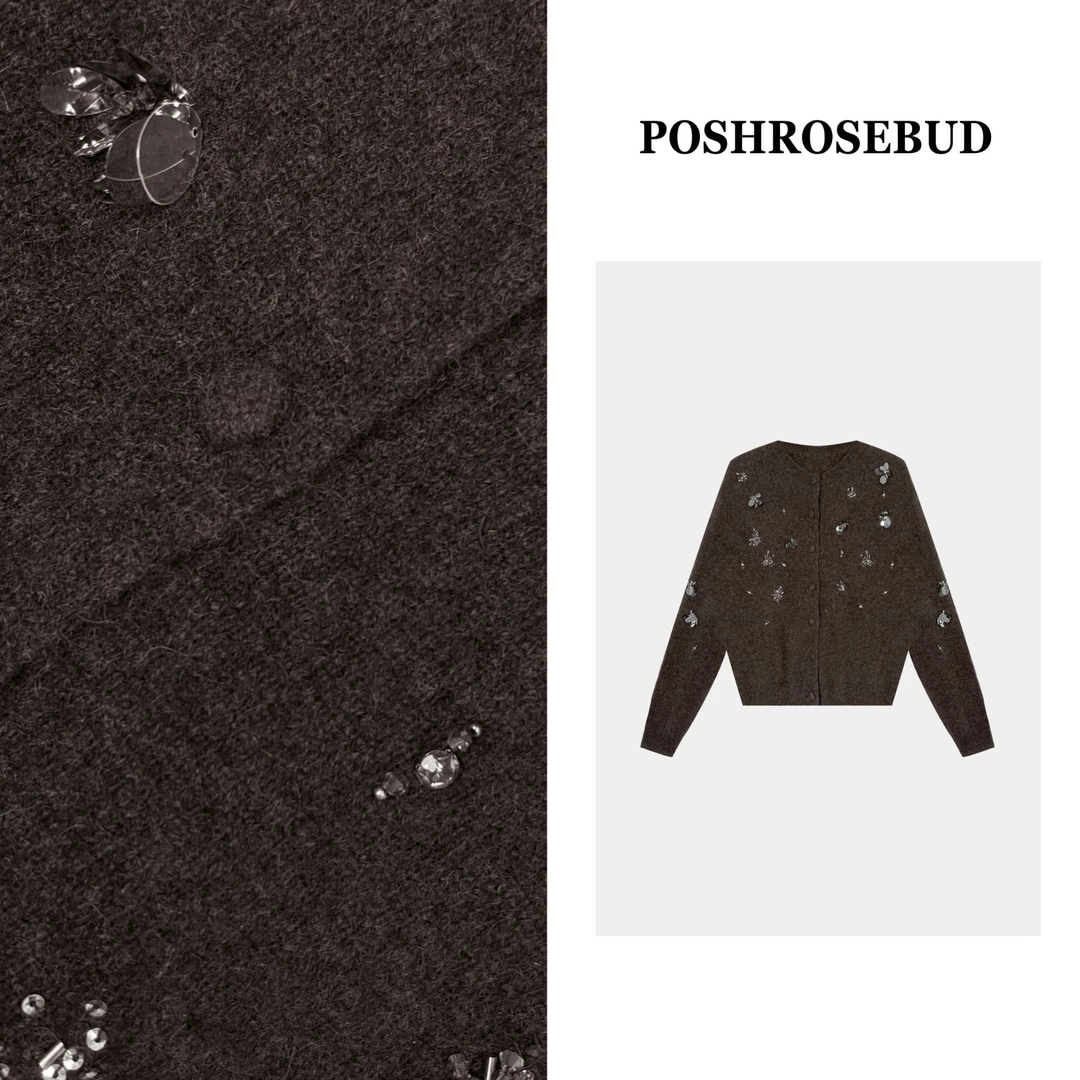 POSHROSEBUD设计师秋季绵羊毛羊绒亮片简约单排扣针织衫-2510629