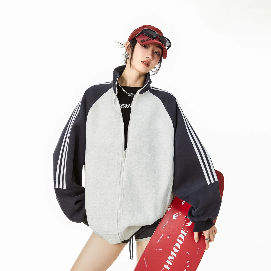 ICHMODE春季撞色条纹插肩袖开衫运动时尚休闲情侣宽松潮流立领