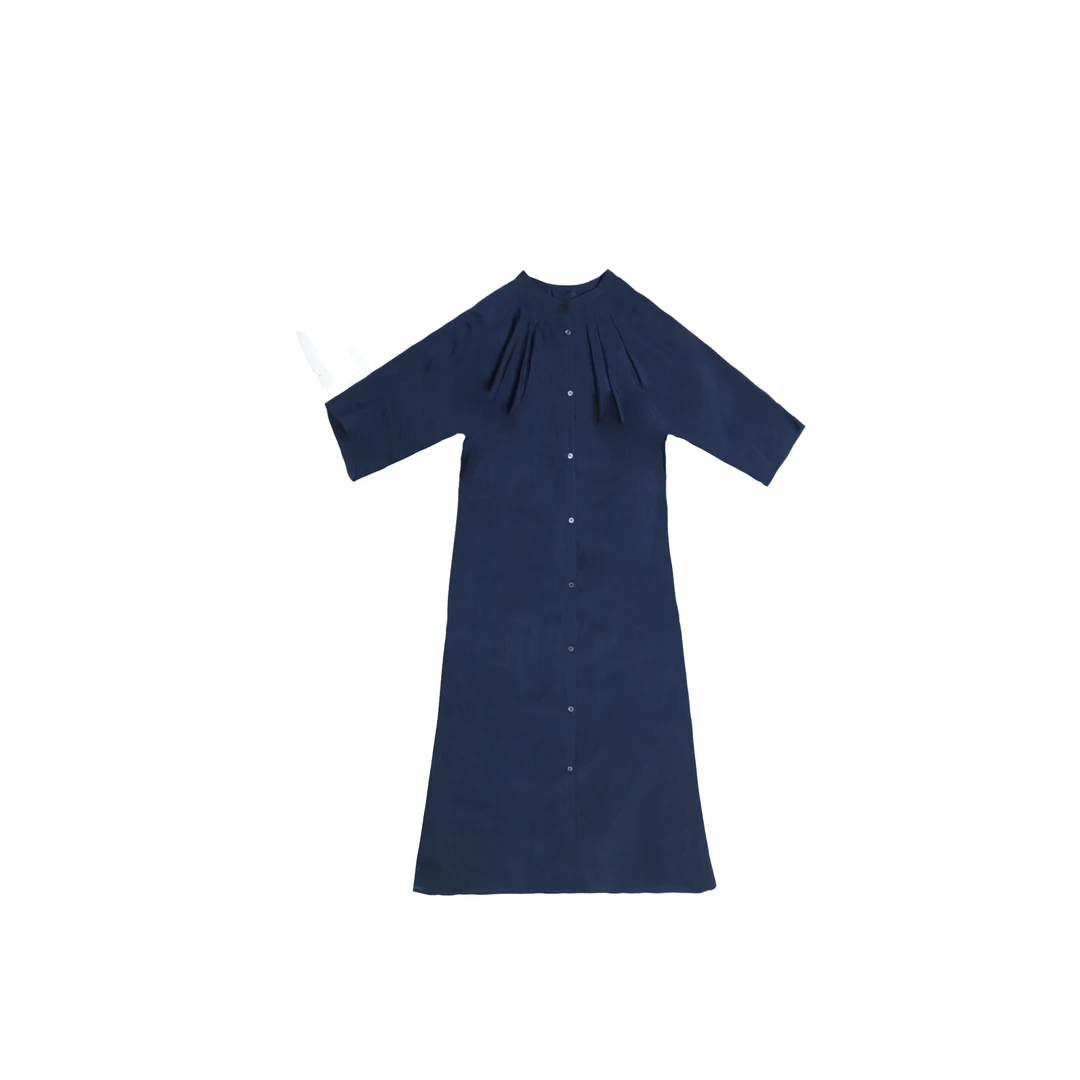 气质轻奢百搭上衣单排扣纯色蓝色衬衫连衣裙中长款DF2700326057