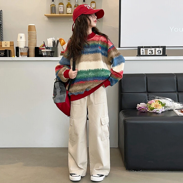 女童卫衣春秋装女大童彩虹条纹上衣儿童打底衫女孩初中生长袖T恤