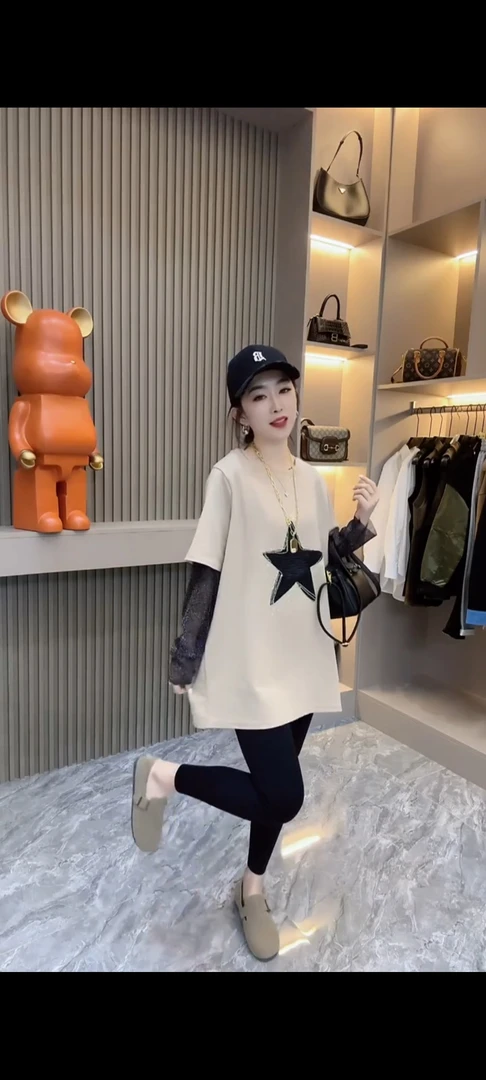 欧货25重工水钻拼接防晒网纱长袖纯棉上衣女春夏假两件T恤打底潮