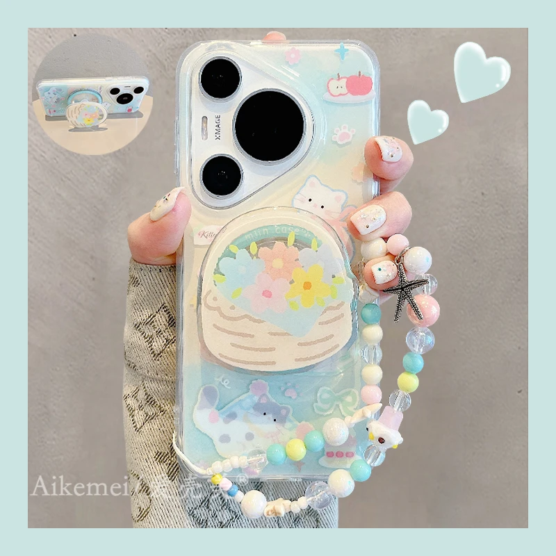 适用华为Pura70pro+手机壳房屋蛋糕小猫mate60pro+鲜花磁吸支架女