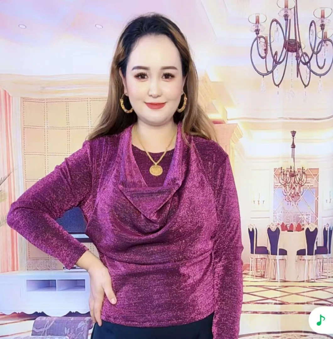 拼接纯色修身型长袖打底衫蕾丝休闲紫色女士ins金丝