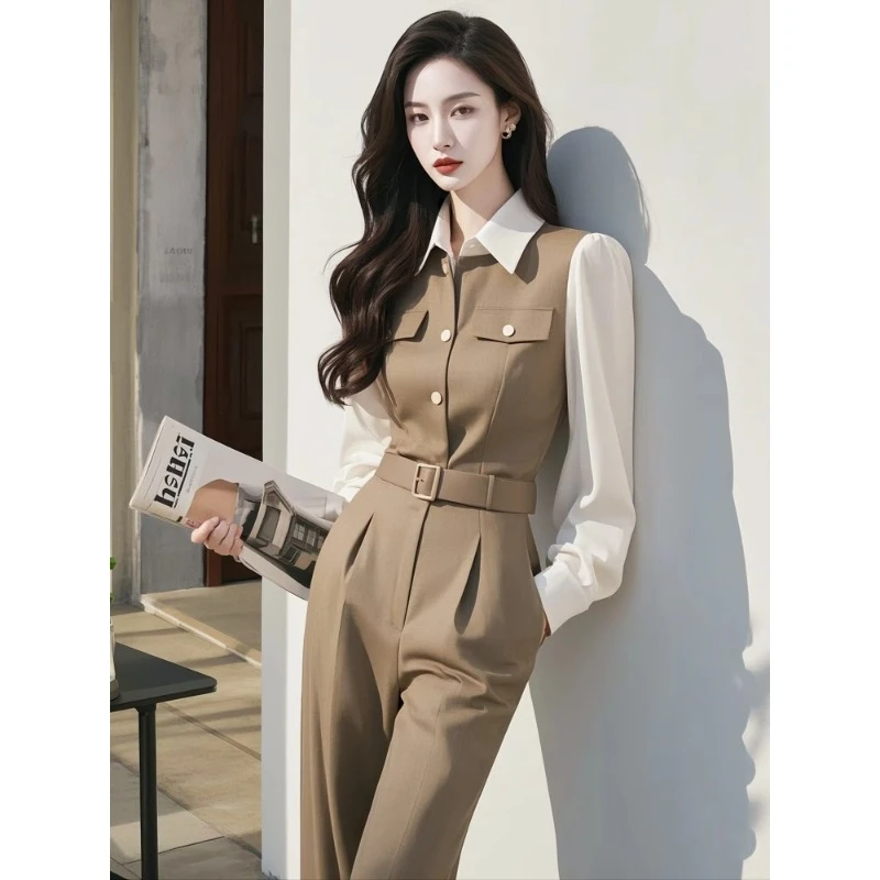 0352工装裤直筒裤薄款九分裤连体裤法式春秋显瘦阔腿女装秋季长袖