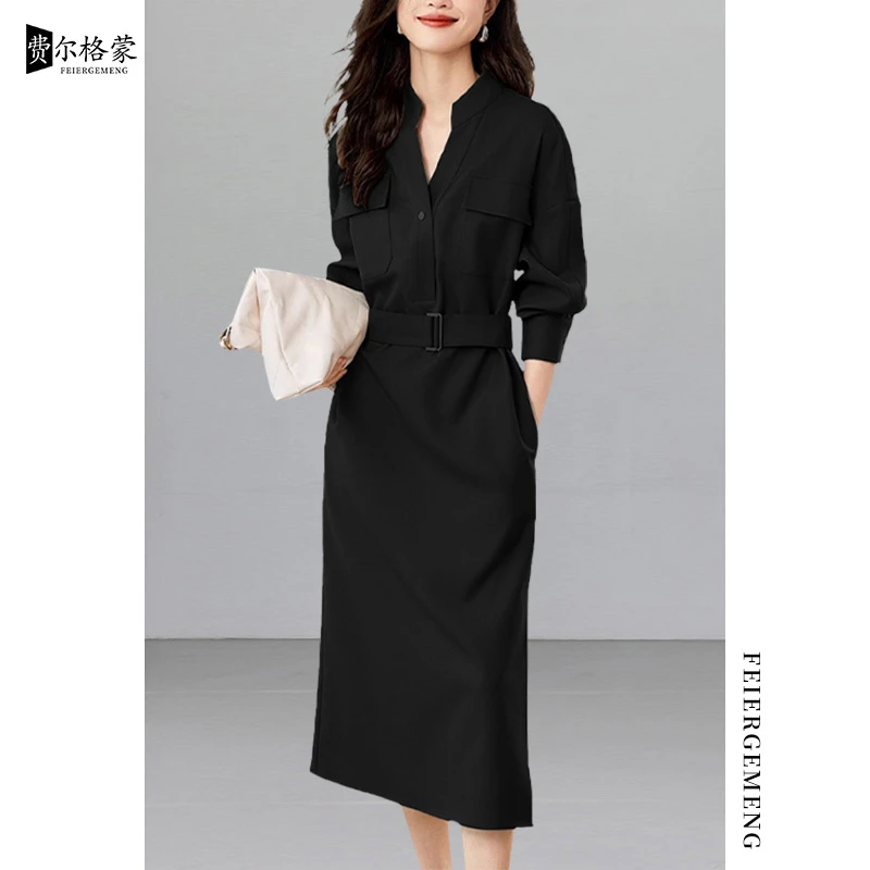 复古黑色连衣裙长袖2025春秋休闲工装风修身衬衫裙百搭老钱风女装