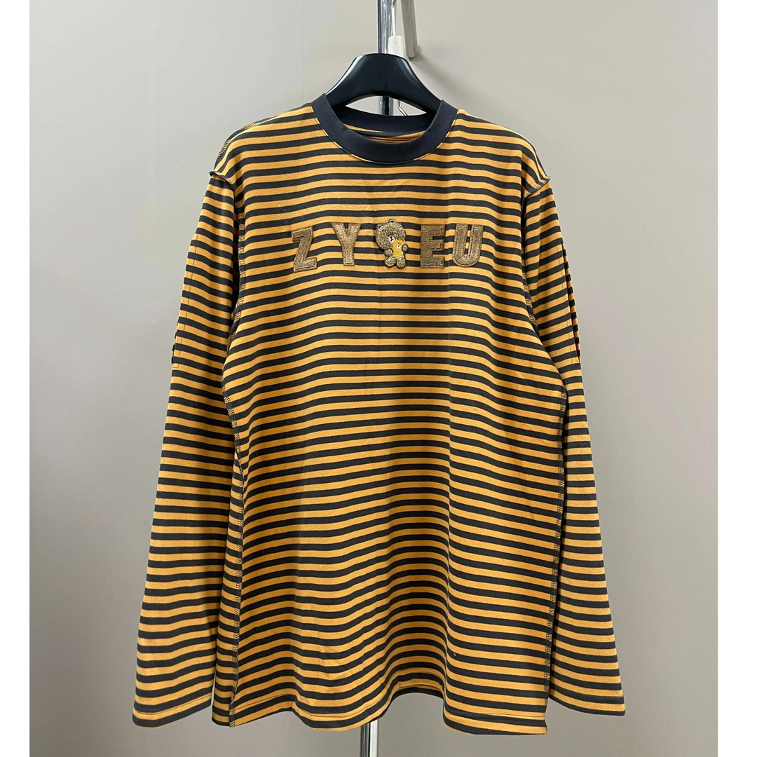 【影子】字母小熊条纹纯棉休闲时尚百搭宽松潮流圆领长款T恤长袖