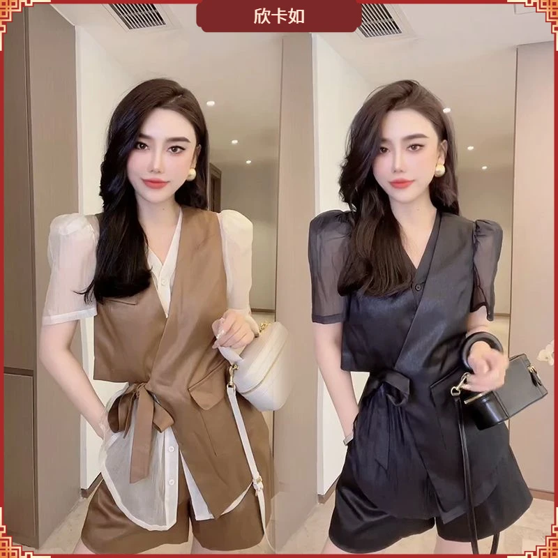 I2025气场御姐范三件套时尚不规则绑带马甲+薄款衬衫阔腿短裤I