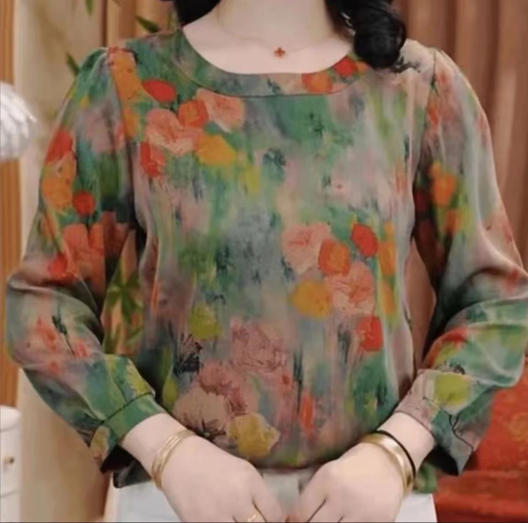 2025新款油墨画宋锦新中式圆领显瘦衬衫时尚减龄洋气春季打底上衣