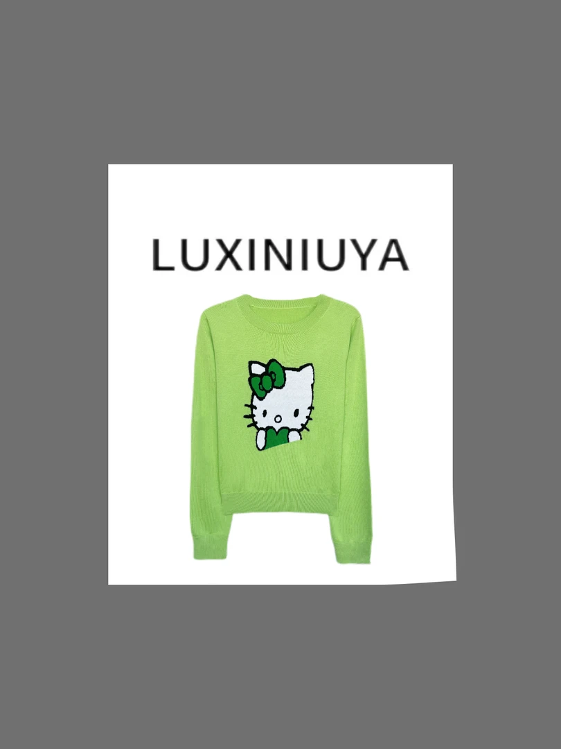 【LUXINIUYA】春日kt猫 新款卡通kt猫图案减龄慵懒羊毛上衣#QDS309