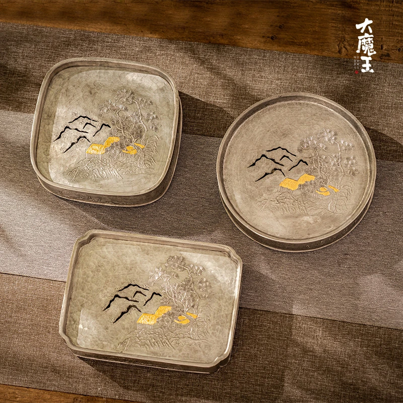 蜂鸟工坊 锡雕侠侣 锡器 金屋山树风景锡壶承锡壶承锡金屋壶承