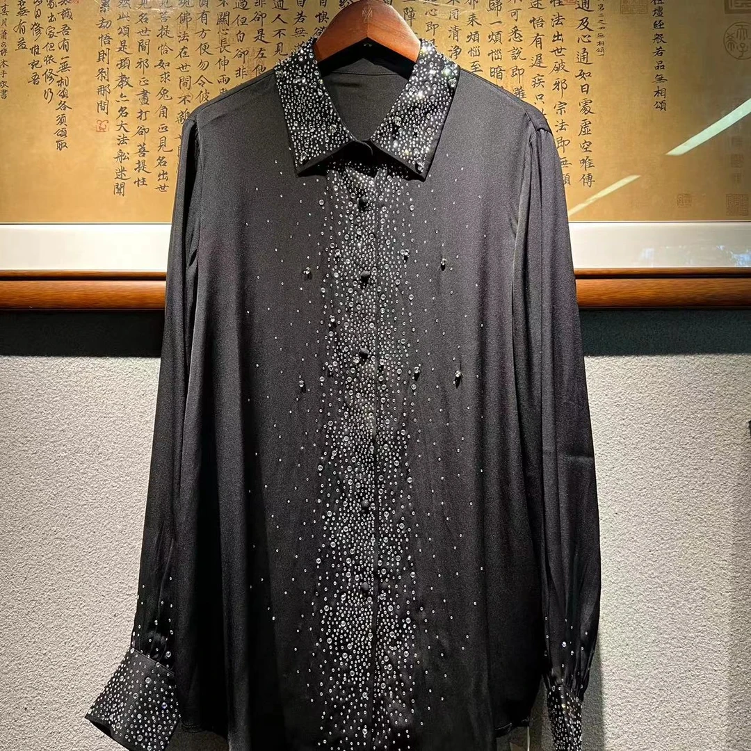 墨枝 烫钻工艺翻领百搭桑蚕丝衬衣S9008109