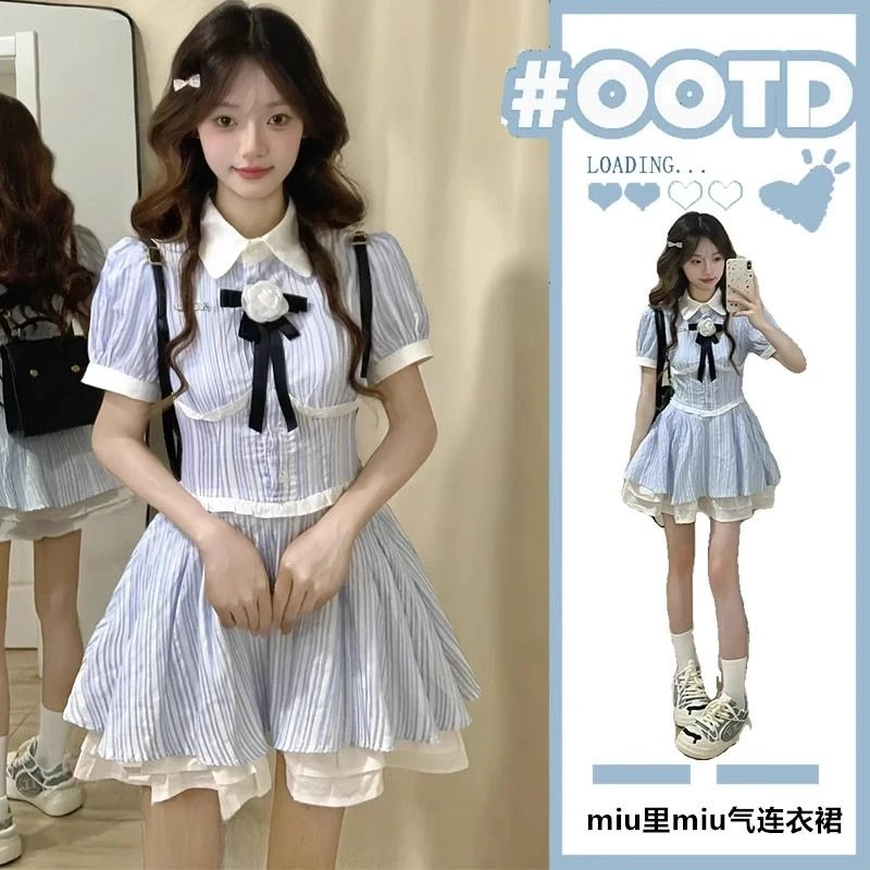 法式蓝白条纹玫瑰结连衣裙女夏季初恋清新公主蛋糕裙收腰蓬蓬裙子