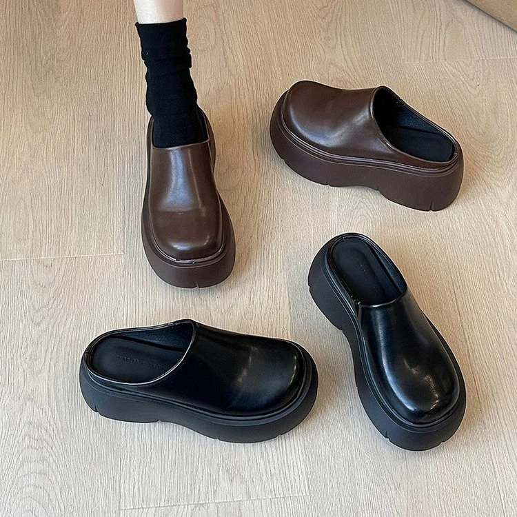 春秋百搭英伦风黑色复古小白鞋PU拖鞋橡胶松糕底高跟(6-8cm)包头