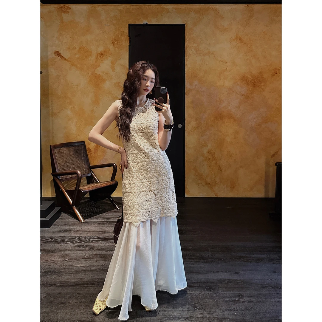 三吉黑花【观夏】新中式绳绣连衣裙子女2025初夏穿搭新款背心长裙