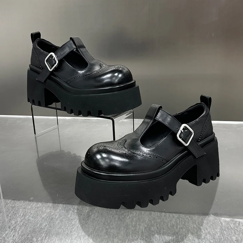 【左右华菲】8cm胎牛皮布洛克玛丽珍鞋2025年新款厚底英伦风小皮鞋