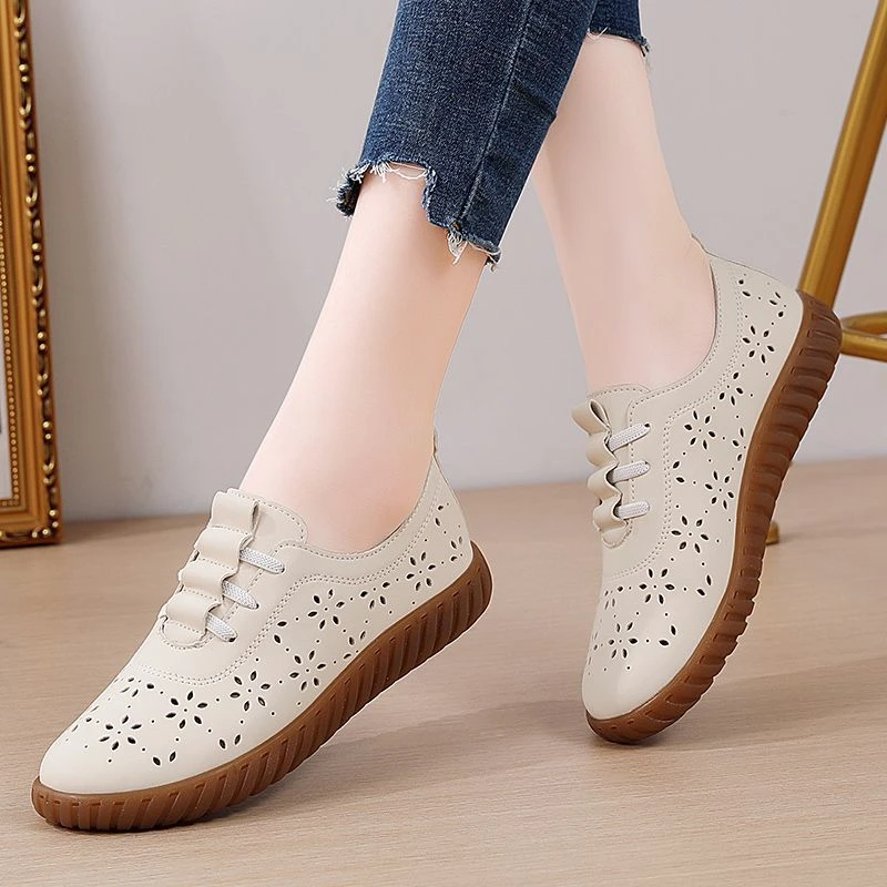 软皮软底妈妈鞋2025夏季镂空透气牛筋底防滑女士单鞋高帮鞋女