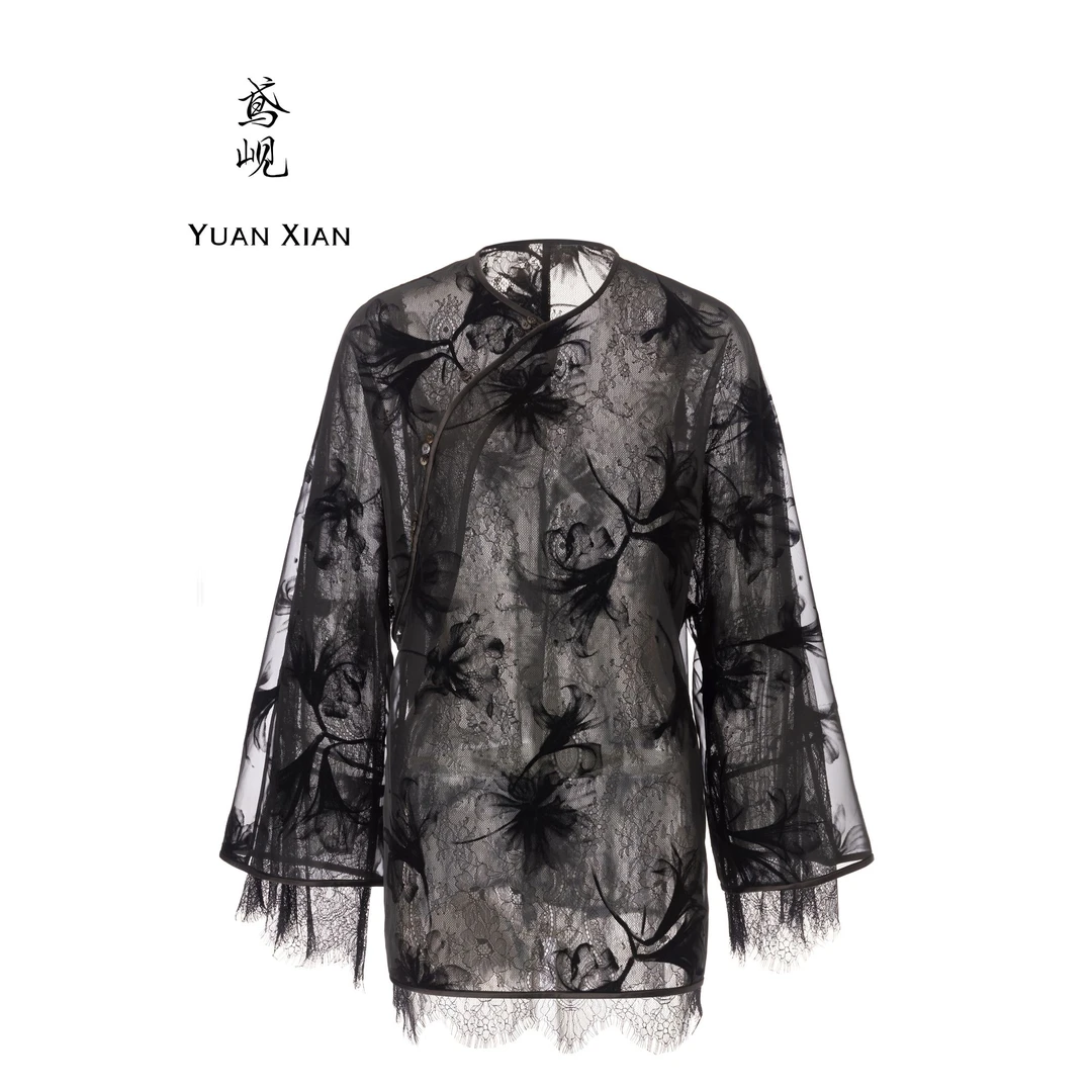 小江专属 x 【鸢岘】花弄影-双面植绒假两件蕾丝上衣  YX05010203