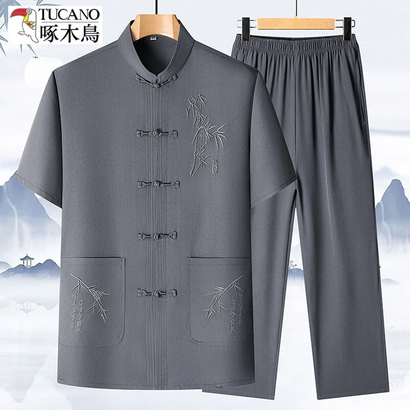 啄木鸟新款国风2件装套装夏季短袖宽松上衣休闲长裤中老年爸爸装