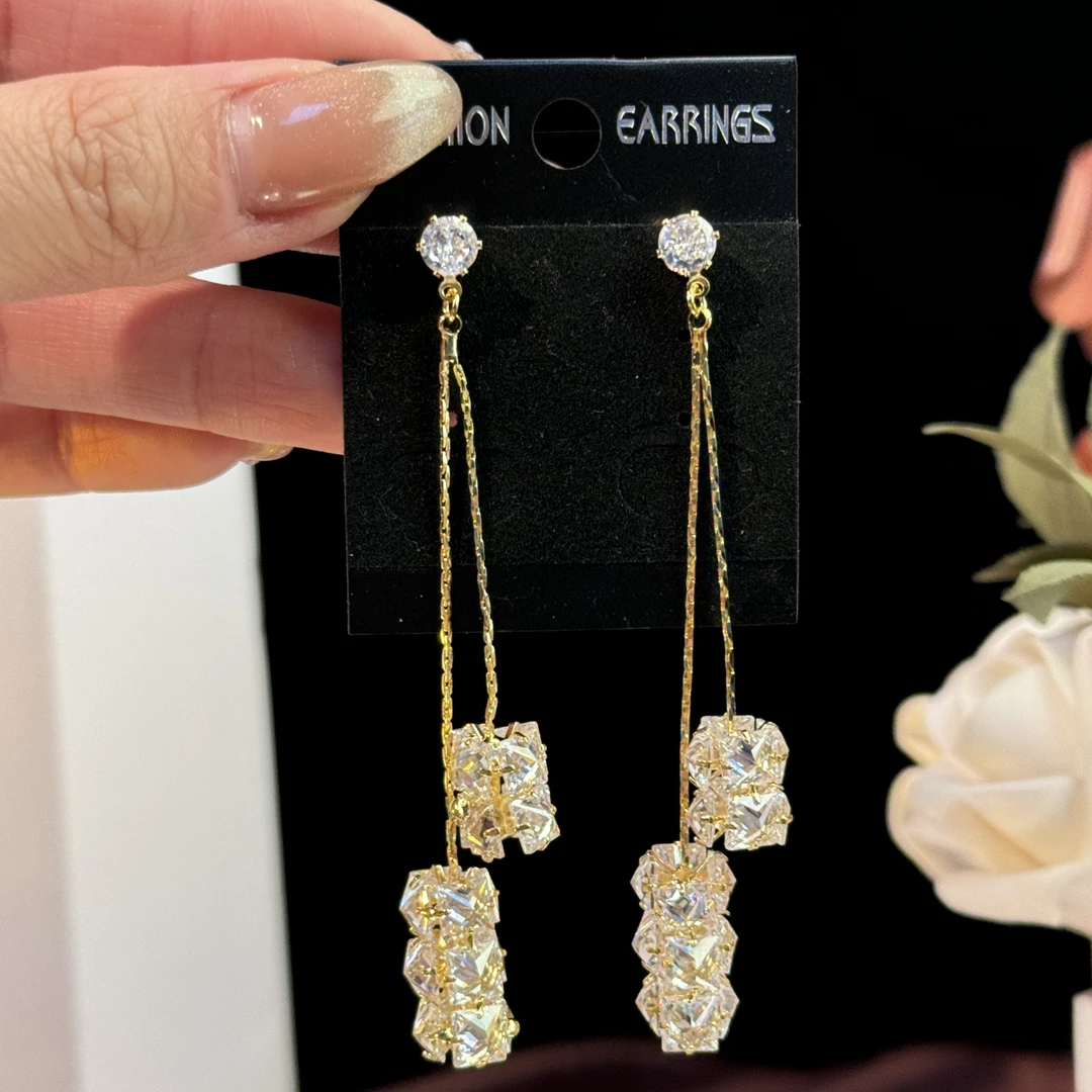 铜合金耳饰 挽歌】气质轻奢时尚个性大气长款流苏耳环超闪小众耳钉