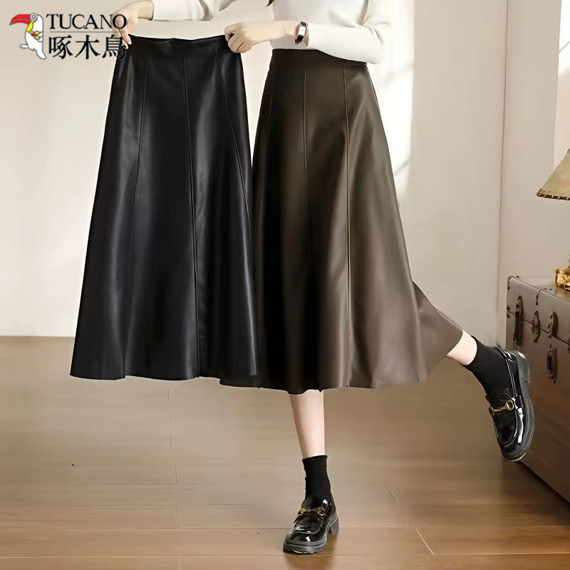 TUCANO/啄木鳥春秋季新款高腰pu皮裙女复古中长款半身裙时尚a字裙