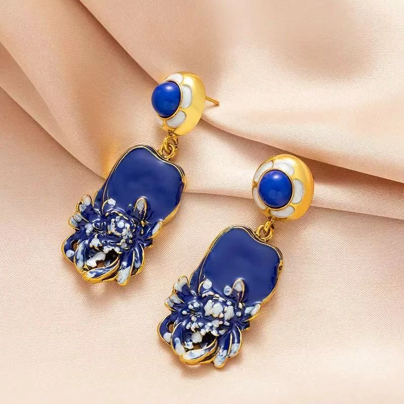 铜合金耳饰 【8709】法式复古不对称花朵轻奢滴油几何方形气质耳坠