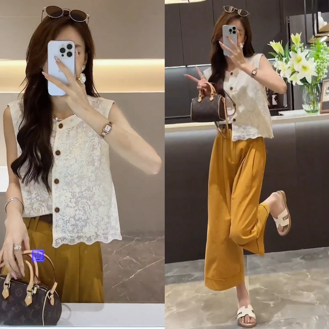 今年流行的夏装套装镂空无袖上衣阔腿裤小个子显高时尚减龄两件套