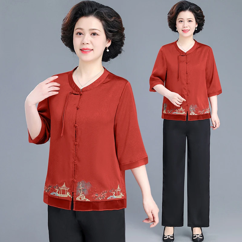 妈妈春夏小衫上衣2025新款中式国风薄上衣中老年女士雪纺衬衫