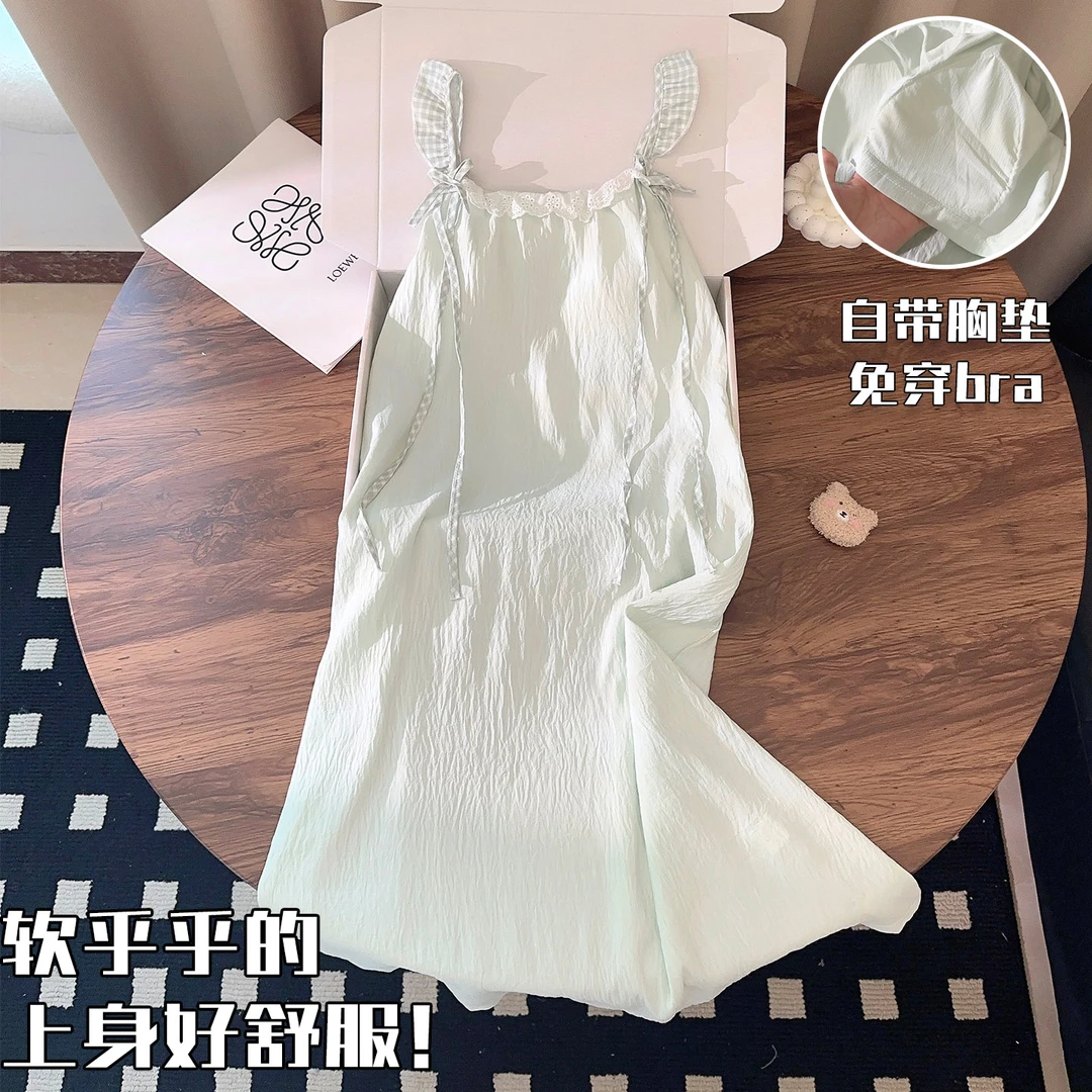 带胸垫睡裙女夏季天性感吊带蝴蝶结新款小个子云朵棉睡衣家居服薄