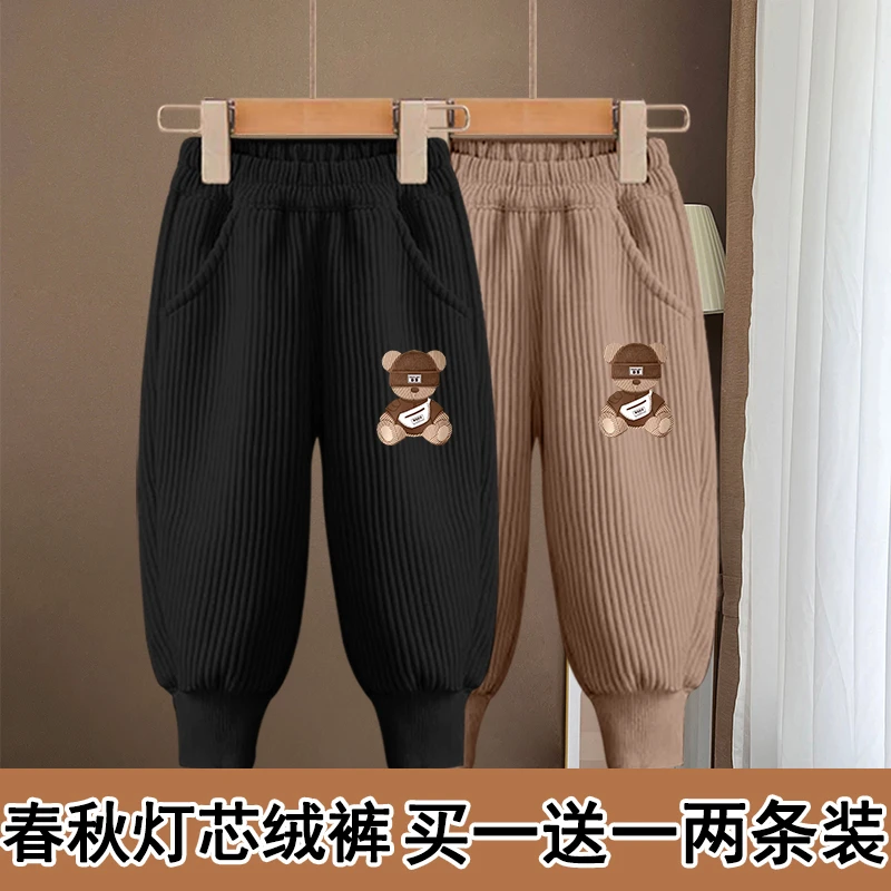 儿童春秋款灯芯绒卫裤宽松束脚裤子男女童中大童卡通印花休闲裤薄