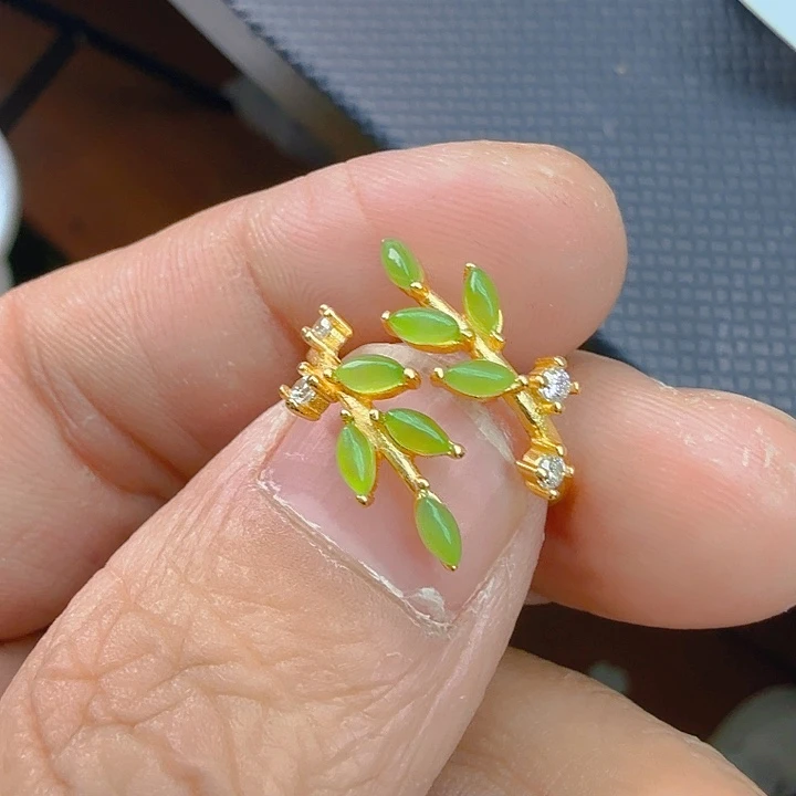 和田玉（碧玉）耳饰银S925镀金镶嵌