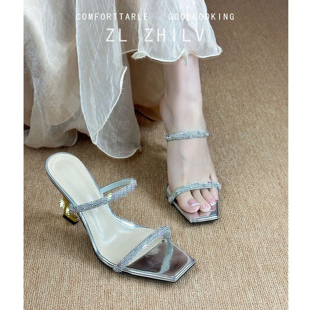 芝侣配裙子粗跟高跟鞋女2025爆款洋气百搭水钻仙女风法式凉鞋方头