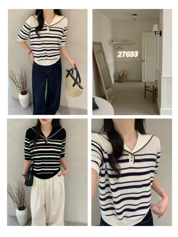 艾米丽新款海军领条纹小衫