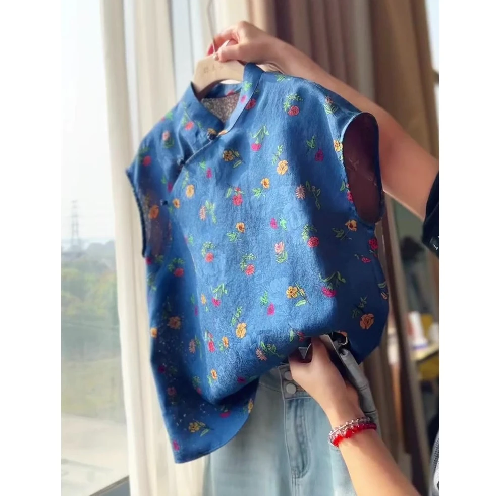 新中式复古休闲碎花盘扣短袖2025新款高级别致气质母亲节洋气衣服