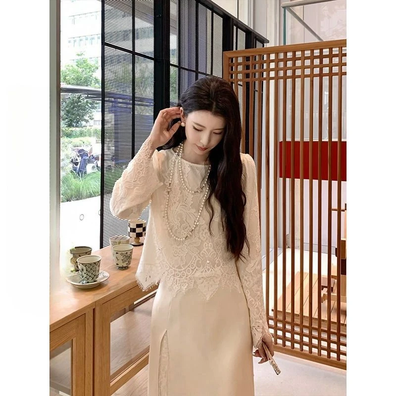 法式重工蕾丝长袖衬衫女打底上衣罩衫春季新爆款