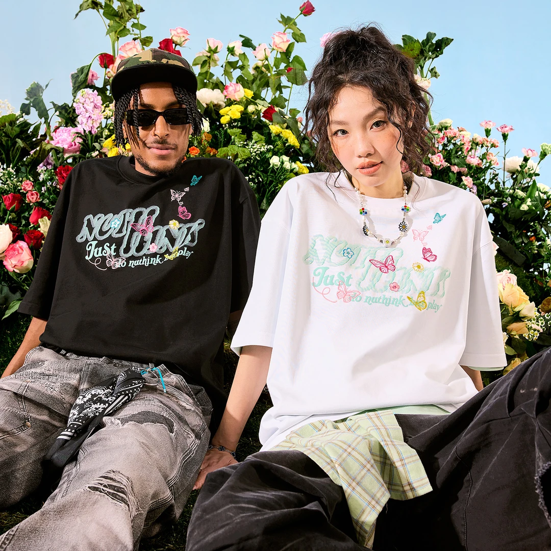 Nuthink蝴蝶刺绣短袖T恤美式潮牌多巴胺印花情侣男女2025夏季新款