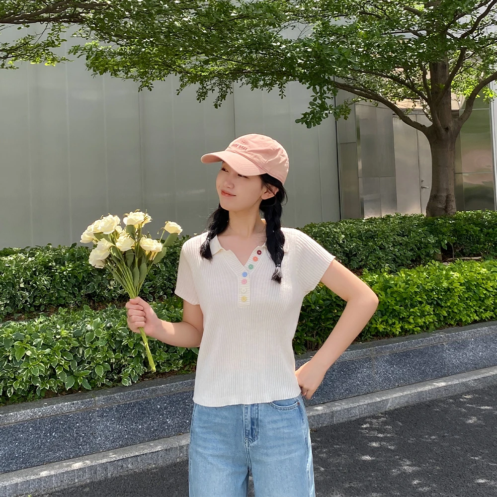 王家有鱼【大姚小姚】新款polo领针织衫女夏百搭短袖甜妹轻薄上衣W